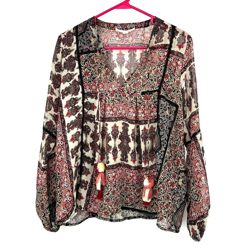 Love Stitch Size Small Blouse Brown Neutrals Paisley Boho Print Sheer Overshirt